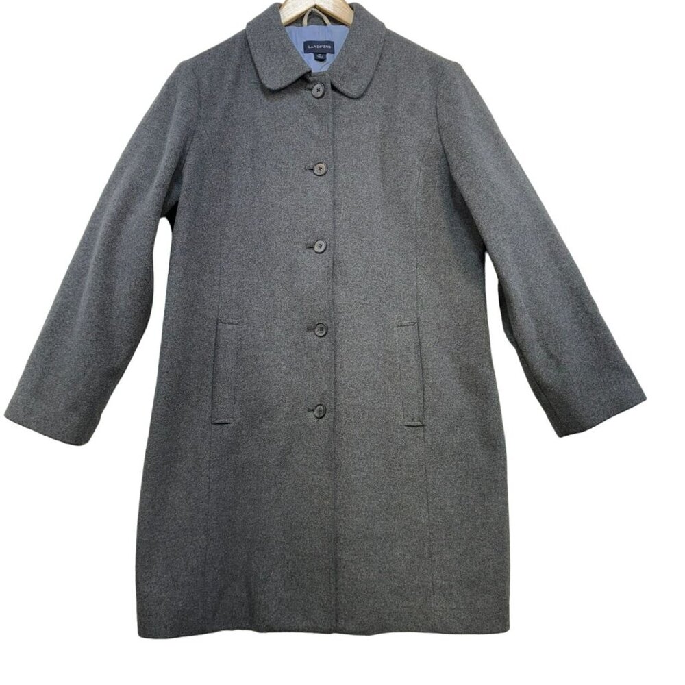 Lands End Womens Wool Blend Coat 14P Gray Long Sleeve Button-Up Outerwear